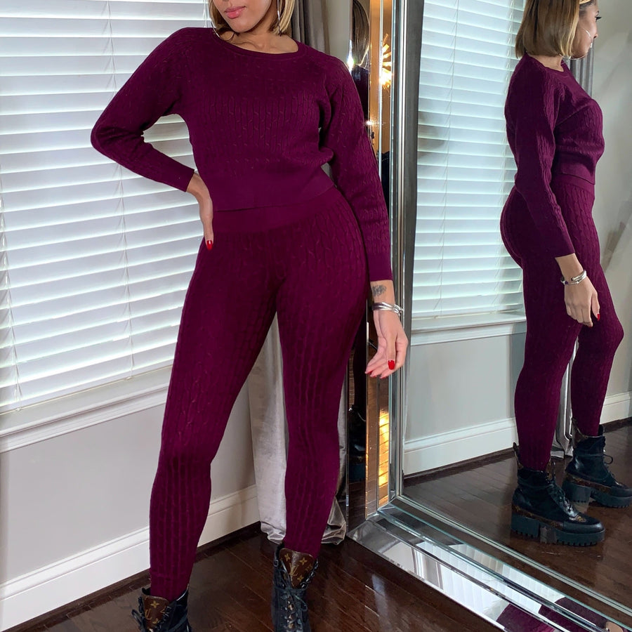 Cable Knit Leggings Set in Burgundy