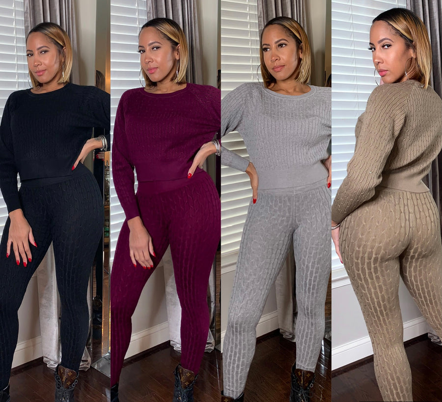 Cable Knit Leggings Set in Taupe