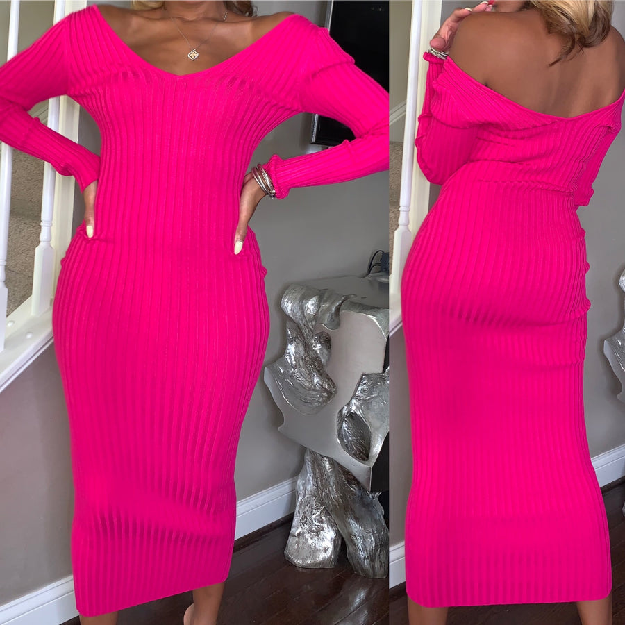 long-sleeve pink midi dress with ribbed design